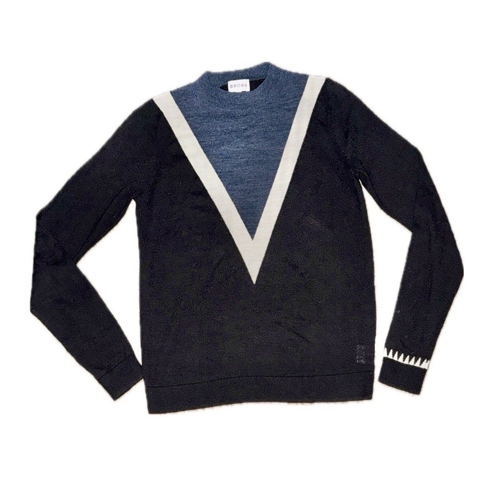 BRORA 100% Merino Wool Colorblock V-Stripe Fine Knit Sweater | Women's 8